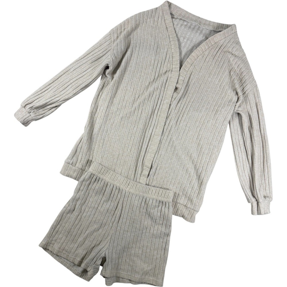 AND Women Beige Ribbed Knit 2-Piece Cardigan and Shorts Lounge Set Small